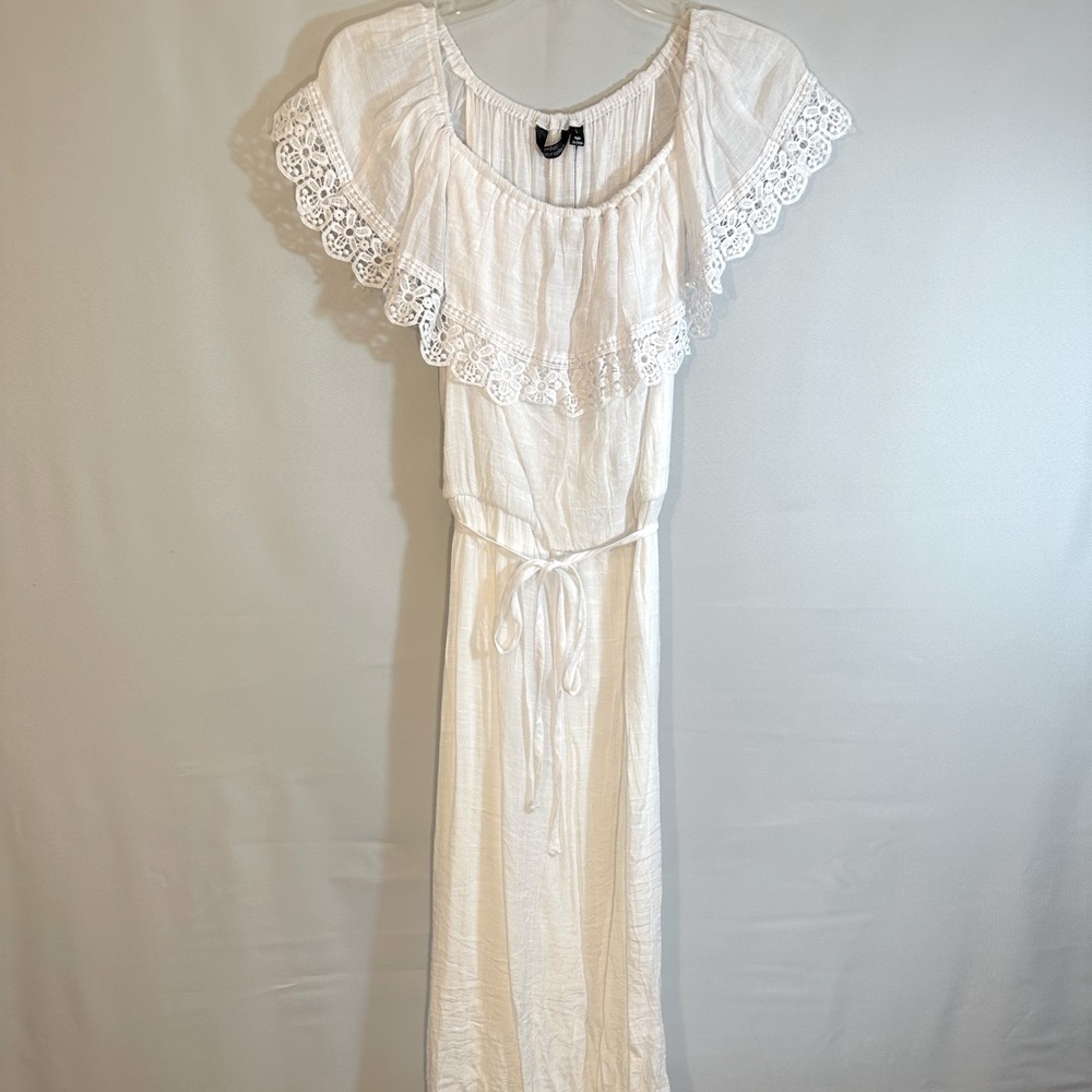 Mille Gabrielle Off The Shoulder Lace Trim Maxi White Dress Belt Lined Size L - Picture 1 of 13